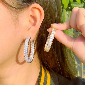 Chic C-shaped hoop earrings featuring baguette-cut zircon in silver and gold plating