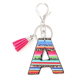 Detail of letter A keychain with leopard print leather, pink tassel and silver hardware