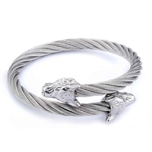 Silver stainless steel viking wolf head cable bracelet with woven metal texture