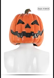 Style A Halloween pumpkin mask back view shown on a display mannequin stand