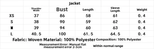 Detailed size chart for textured blazer and shorts set with dimensions in centimeters
