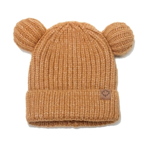 Detail of caramel knit baby hat with 3D bear ears and a small maple leaf leather patch