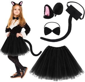 Detail of 4-piece Halloween cat costume set for girls including tutu, ears and tail