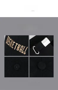 Detail of black baseball cap with golden embroidery and adjustable metal buckle