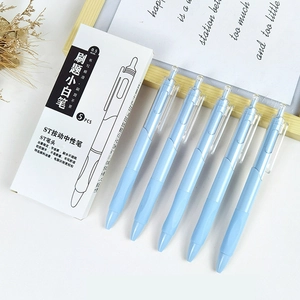 Detail view of 0.5mm ST tip retractable gel pens with comfortable soft grip in white box