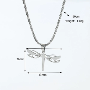 Detailed view of silver dragonfly pendant necklace with size and weight measurements