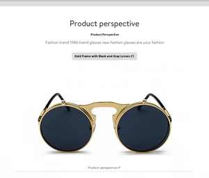 Detail of steampunk sunglasses with gold metal frame and dark grey lenses in C1 colorway