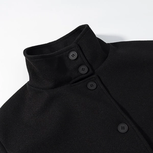 Vue macro détaillée du col montant et des boutons ronds sur un manteau en laine noir