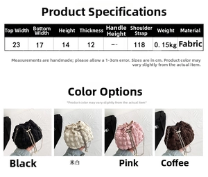 Detail showing dimension specs of the pleated bucket bag with fabric material details