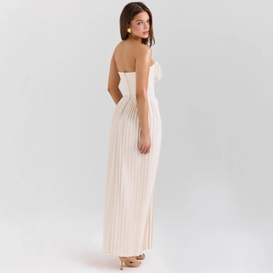 Elegant off-shoulder pleated long dress in cream white with a sleek slim fit silhouette