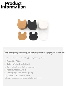 Detail of 50pcs cat-shaped earring cards in white, black, and kraft paper colors