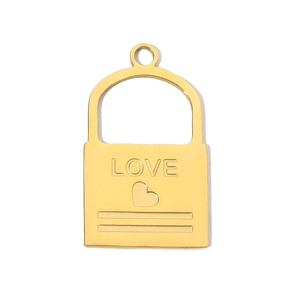 Close-up of a gold-toned stainless steel heart lock pendant featuring LOVE engraving
