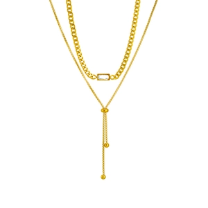 Gold double-layered titanium steel necklace with cuban chain and zircon stone on white background