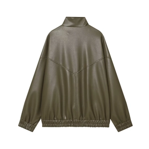 Olive green faux leather bomber jacket with stand collar and oversized silhouette back view