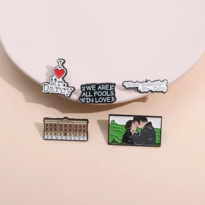 Five-piece Pride and Prejudice enamel pin set with literary quotes and character scenes