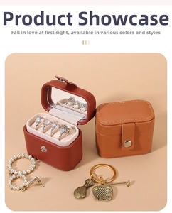 Mini PU leather travel jewelry box detail showing inner mirror and ring storage slots