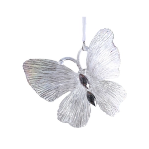 Transparent silver butterfly Christmas pendant with colorful acrylic crystals on white background