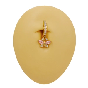 Detailed view of butterfly navel ring with pink marquise crystals on a skin model