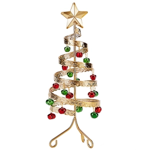 Miniature iron Christmas tree with golden spiral frame, star topper and colorful bells