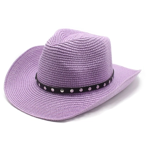 Detail of lavender straw cowboy hat featuring black faux leather band with silver studs