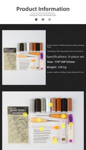 Detailed macro view of 8-piece leather sewing tool kit with thread and awl