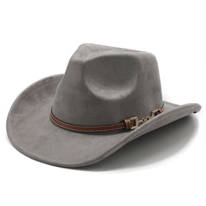 Detailed view of dark grey suede cowboy hat with brown leather strap and gold buckle