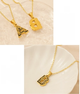Detail of 18k gold plated stainless steel letter pendant with lead and nickel-free finish