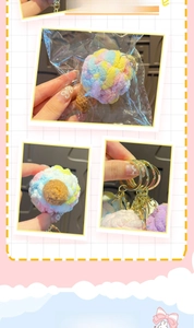 Close-up of handmade crochet ice cream keychain with colorful yarn and golden metal clip