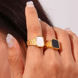 Chic gold-plated stainless steel rings with white rectangular and black hexagonal stone inlays