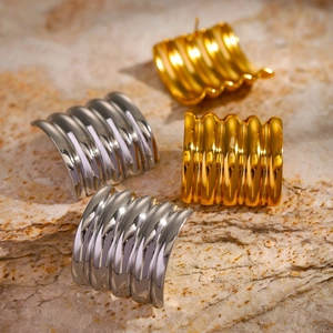 18k gold and silver plated stainless steel ribbed square hoop earrings on stone