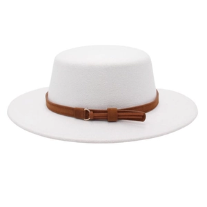 Elegant white flat top wool felt boater hat with a brown leather band and gold buckle