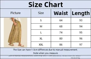 Detailed size chart for striped maxi skirt showing waist and length in S to XXL