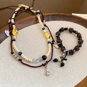 Vintage acrylic coffee bean beaded necklace and bracelet set in ethnic boho style jewelry
