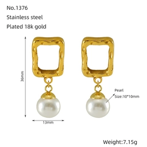 Vintage stainless steel rectangular drop earrings with white pearls and 18k gold plating