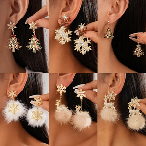 Christmas Drop Earrings Rhinestone Reindeer Snowflake Tree Alloy With 925 Sterling Silver Earring Post Plush Pom Pom