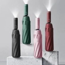 Detail of multi-color folding umbrellas featuring integrated LED flashlight handles on steps