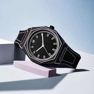 Close-up of a black quartz watch with geometric casing on a modern minimalist pedestal