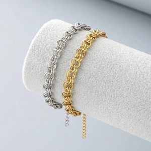 Bracelet En Chaîne À Maillons Doubles En Acier Inoxydable Plaqué Or 18K Tissé Anneau Rond Bijoux Minimalistes Réglables