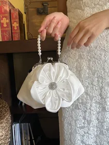 White Satin Evening Clutch Bag With Large Flower Rhinestone Artificial Pearl Handle For Wedding Formal Party Vintage Handbag