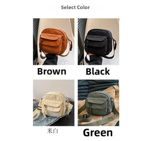 Detailed views of corduroy crossbody bags in brown, black, off-white, and green colors