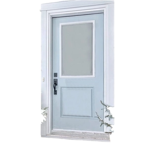 Light blue Christmas door swag with glowing festive wreath and pine branch snow accents