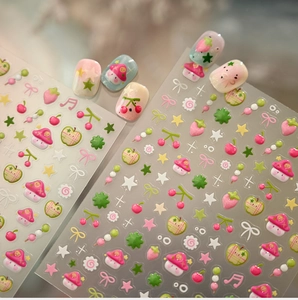 Détails de stickers nail art mignons avec champignons, cerises et motifs floraux