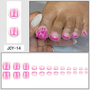 Pink French flame pattern press-on toe nails kit with 24 pieces for women