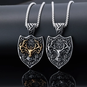 Silver and bicolor stainless steel shield necklaces with deer head pendant in Viking style