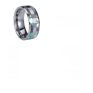 Macro shot of 8mm tungsten steel ring featuring inlaid silver colorful shell textures