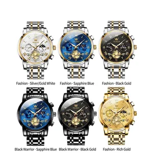 Men Business Quartz Watch Stainless Steel Band Waterproof Luminous Moon Phase Chronograph Luxury Roman Numeral Fashion Wristwatch