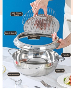 Détail de friteuse tempura en acier inoxydable 304 avec thermomètre et égouttoir