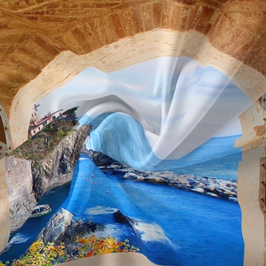 Détail d'une tapisserie bohème montrant une impression de paysage côtier méditerranéen