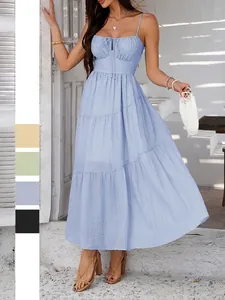 Women Cami Maxi Dress Spaghetti Strap Tiered Layered Sundress Bow Tie High Waist Shirred Back Vacation Elegant