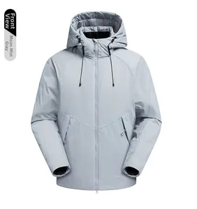 Vorderansicht der mondnebelgrauen Kapuzen-Winterjacke aus wind- und wasserfestem Stoff